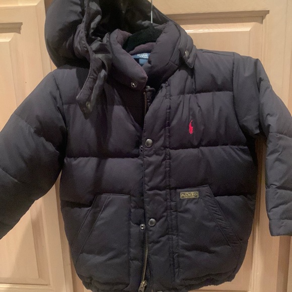 Jacket coat puffer warm with detachable hat, navy blue zipper snaps - Picture 1 of 5